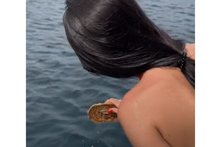Una ragazza immerge una frisella nell'acqua del mare 